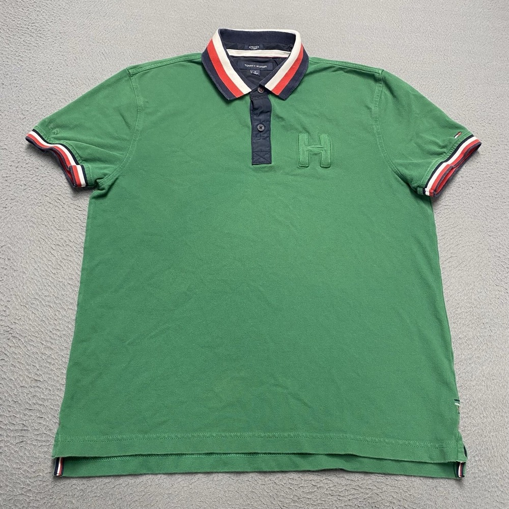 Tommy Hilfiger Polo Shirt Mens Medium Green Stretch H Logo Short Sleeve